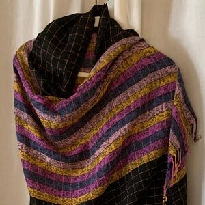 Priya Woven Fringe Shawl | Boho Striped Scarf Wrap | Black Mustard Plum Artisan